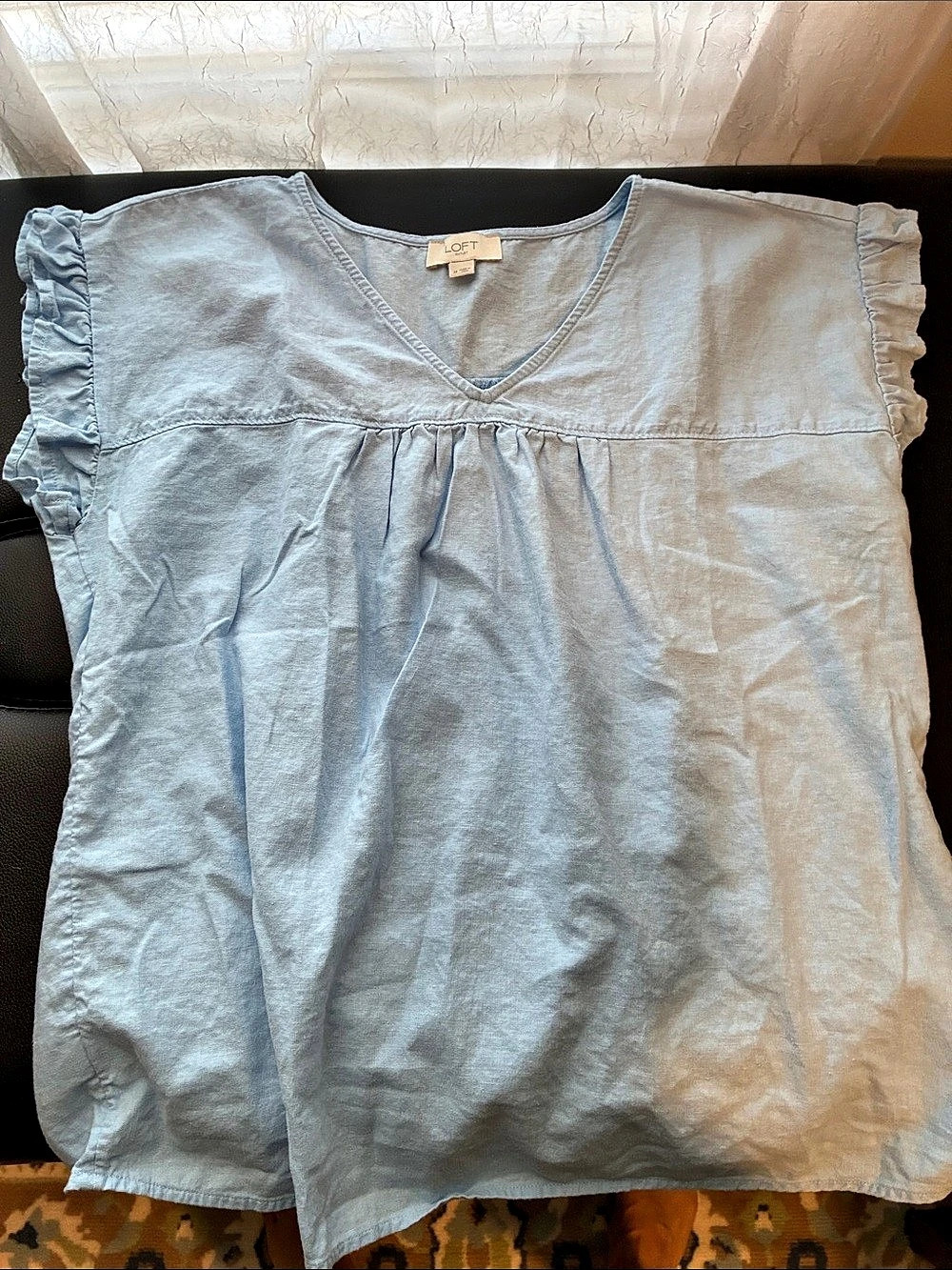 LOFT Linen Blend Ruffle Sleeve Blouse in Blue Size Medium